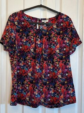 Joie Silk Floral Blouse M Navy Multicolor Short Sleeve EUC